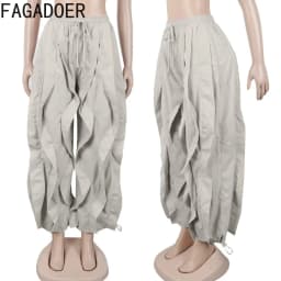FAGADOER Casual Ruched Patchwork Lantern Sleeve Pants Women High Waist Drawstring Patchwork Pants Female Streetwear Trousers New