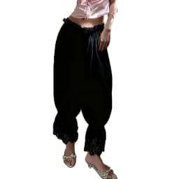 Lamuusaa y2k Pants Women Coquette Clothes Solid Color Ruffle Elastic Low Waist Wide Leg Loose Trousers with Lace Trim Streetwear
