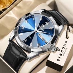 BINBOND Original Auto Date Week Display Men's Watch Reloj Hommes Leather Quartz Watches For Men Luxury Luminous Waterproof +Box
