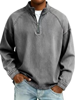 Autumn New Mens Pullovers Sweatshirts Zipper Stand Solid Top Heavyweight Distressed Washed Denim Casual Hoodie For Men Clothing