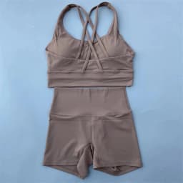 Solid Color Soft Women Gym Yoga Short Set Cross Back Shoulder Strap Gym Bra+High Waist Sport Short Leggings 2pc Tight Sportwear