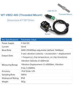 WitMotion WTVB01-485 Arduino Vibration Sensor,3axis IP68 Modbus Vibration Analyzer(Vibration Acceleration/Speed)for PLC & Python