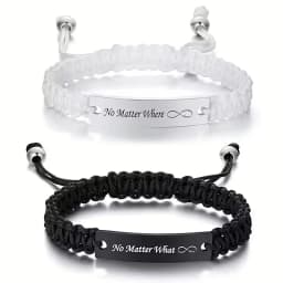2 Pcs Handmade White Black Braided Rope Bracelet Set Adjustable Stainless Steel Couple Bracelets Valentine's Day Gifts