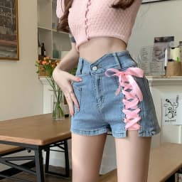 Pink Cross Denim Shorts  Tie Decorative Hot Trousers Shorts Female Summer New High Waist Thin A-line Shorts Womens Clothing