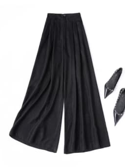 Birdtree 28M 100% Real Spun Silk Solid Pants,Women Jacquard Elastic Waist Autumn French Style Wide Leg Pant With Pocket P58002JF