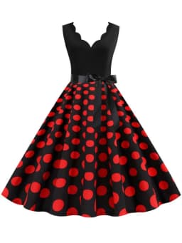 Polka Dot Print Women Summer Dress Black Patchwork Sleeveless V Neck Elegant Vintage Party Casual Midi Dress