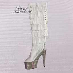 Gold Gothic Stripper Heels Over The Knee Boots 7Inch Fringe Rhinestone High Heels Exotic Dancer 17cm Over The Knee Boots Catwalk