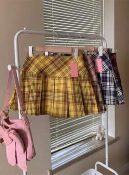 Pink Plaid Half Skirt Women's Summer New High Waist Slimming School Style Anti-Light JK Short Skirt Commute Style A-Line Poly...