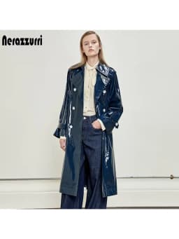 Nerazzurri Spring Autumn Waterproof Long Thin Soft Flowy Shiny Reflective Dark Blue Faux Leather Trench Coat for Women 2025