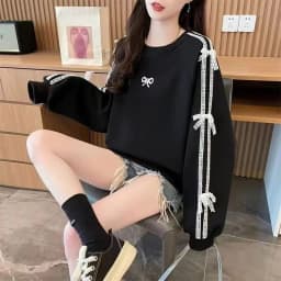 Fall New Design Lace Splicing  Knot Embroidered Sweatshirt Korean Style Fashionable Top Women's Loose Fit Pullover