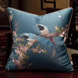Medicci Home Silk Cushion Cover Spring Birds Embroidery Oriental Luxury Upmarket Brocade Pillowcase For Couch Sofa Bed 18x18Inch