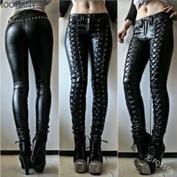 2024 Steampunk Rivet Lace-up Pencil Pants Skinny Trousers Women Retro Pu Pants Leather Pants Streetwear Autumn Casual Trousers
