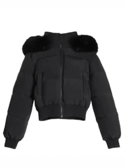 Lady Navy Blue Cropped Hooded Puffer Jacket With Faux Fur Collar Zip‑up Loose Short Cotton Padded Coat Winter Warm Outerwear