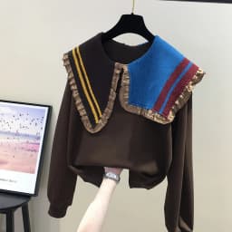 Peter Pan Collar Contrast Color Patchwork Hoody Long Sleeve Loose Casual Sweaters Women Vintage Clothes Pull Femme Sweatshirts