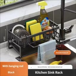 No Drill Suction Cup Kitchen Sink Caddy with Towel Bar Kitchen Sink Sponge Holder Dishcloth Drying Rack Sink Drain Basket