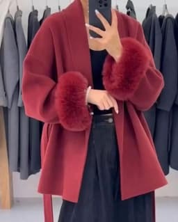 Retro Faux Fur Patchwork Woolen Maxi Coat Women Solid Full Sleeves V-neck Lace Up Loose Coats Lady Winter Commute Outwear New