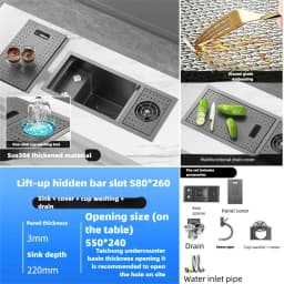 Cup Washer Hidden Bar Sinks With Lid MultifunctionalStainless Steel Kitchen Sink Single Slot Undermount Bowl