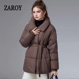 ZAROY Women Winter Belted Jacket Elegant Stand Collar Windproof Puffer Coat Cotton Padded Thick Warm Snow Parkas Overcoat куртка