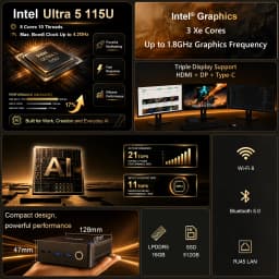 ERVPES E1Power Mini AI PC Intel Core Ultra 5 115U 8 Cores 10 Threads 16GB LPDDR5 512GB SSD WiFi Bluetooth USB HDMI Type-C Windows 11 Wifi 6 BT5.0