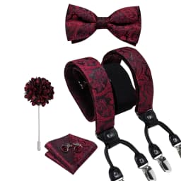 Luxury White Men's Suspenders Adjustable 6 Clips Braces DiBanGu Leather Metal Pre-Tied Bow Tie Brooch Pocket Square Set