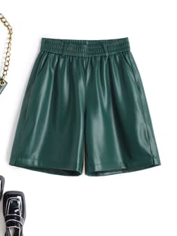 Fashionable Stylish 100% Leather Five-Point Pants For Women Femme Elastic Waist Wide Leg Shorts With Pocket