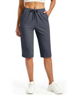 TACVASEN Womens Quick Dry Hiking Capris 4-Way Stretch Knee Length Pants Elastic Drawstring Waist Split Hem Cropped Trousers