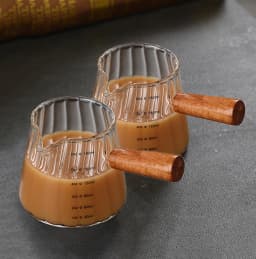 JUSTINLAU Espresso Measuring Cup with Wood Handle Vertical Grain Glass Coffee Extraction Cup with Scale Milk Jug Measure Mug