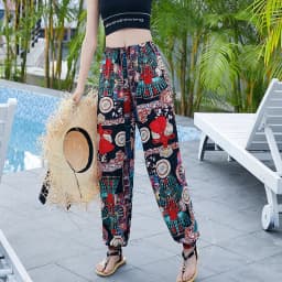 Women's Mosquito-proof Cotton Silk Beach Summer Casual Flower Pants Artificial Cotton Summer Sleeping Pants Thin Adult Bloomers