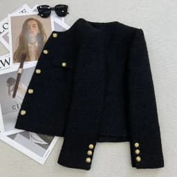 Black Small Fragrant Style Short Jacket Women's Top 2026 Autumn Winter New Round Neck Thick Coarse Tweed Coat Female Outwear