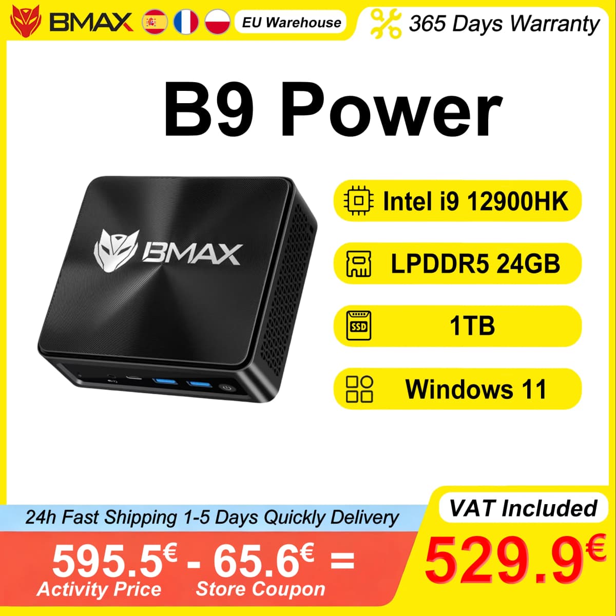 BMAX Mini PC B9 Power LPDDR5 24 GB RAM 1 TB NVMe SSD Intel Core i9 12900HK Windows 11 Supports up to 4K@60Hz