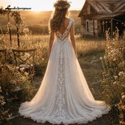 Romantic Tulle A-Line Boho Wedding Dress Cap Sleeveless Deep V Floral Lace Bridal Gown Ruffle Backless Wedding Gowns Customized