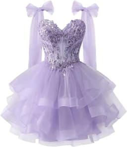 Bow Shoulder Strap Layered Chiffon Dress Starry Lace Three-dimensional Decal Youth Short Dance Sequin Dress Customized