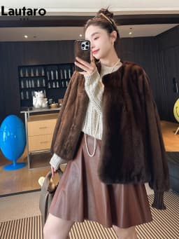 Lautaro Autumn Winter Brown Thick Warm Soft Faux Mink Fur Coat Women Lantern Sleeves Elegant Luxury Chic Fluffy Jacket 2026