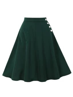 Tonval One Pocket Front Buttons Side Swing Skirt 2025 Vintage Clothes for Women Green Elegant Plain Skirts