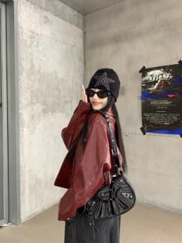American Retro Red Flip Collar Leather Jacket Women's High-End Short Style Autumn New Sweet Cool Loose Fit Top PU Leather