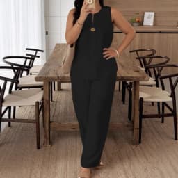 Summer Women Fashion 2 Piece Set Solid Button Tank Tops & Vintage HIgh Elastic Waist Pants Sets Female Chic Pants Suit Outfits
