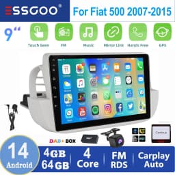 ESSGOO 2 DIN For Fiat 500 2007-2015 White 9" Apple Carplay Android auto Car Stereo Radio GPS WIFI SWC BT Mirror Link Android 14