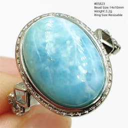 Natural Blue Larimar Adjustable Ring 925 Sterling Silver Larimar Gemstone Women Men Water Pattern AAAAA