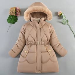2024 New Winter Keep Warm Girls Jacket Waist Belt Design Detachable Hat Lining Plush Hooded Heavy Coat For Kids