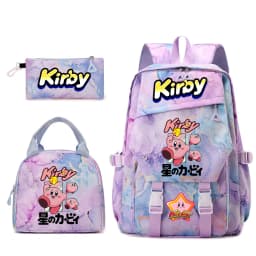 Kirby Cartoon Print Student Backpack Set for Girls with Lunch Bag and Pencil Case School Bookbag Lightweight Daypack
