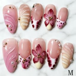 10Pcs 3D Flower Gold Beads Handmade Press On Nails Nude Pink French Almond Fake Nail M/S/XS Artificial Wearable False Fingertips