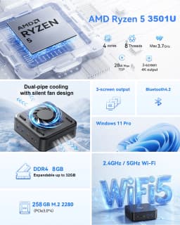 KAMRUI Mini PC AMD Ryzen5 3501U 8GB DDR4 256GB SSD Desktop Computer Dual 4K Display Micro PC WiFi5 Windows11 Pro for Home Office