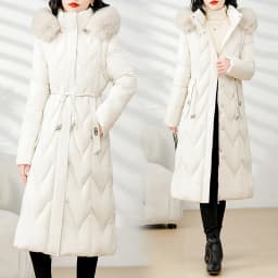 Winter Long Slim Fit down Cotton Jacket Women's Knee-Length Removable Sleeve Fur Collar Warm Thickened Zipper Closure Coat