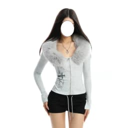 Punk Style Long Sleeve T-Shirt Women's Slim Fit Zipper Cardigan Shirt Collar Detachable Fur Patchwork Autumn Fashion Top