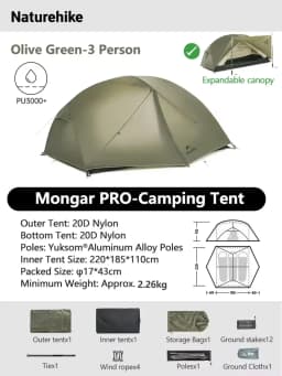 Naturehike Mongar 1 2 3 Base/UL/PRO Camping Tent Ultralight Outdoor Waterproof Hiking Tent 1 2 3 Person Backpacking Tent