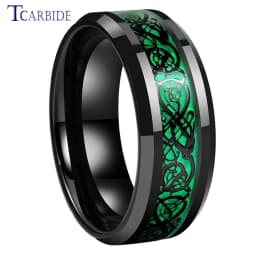 8MM Black Mens Womens Tungsten Carbide Engagement Wedding Ring With Red Opal Dragon Inlay Superior Gift Jewelry Comfort Fit