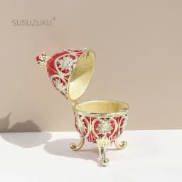 1Pc Hand Painted Enameled Red Faberge Egg Style Decorative Trinket Box Hinged Unique Gift for Family