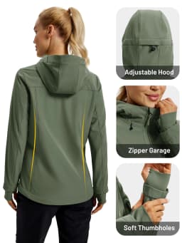 TACVASEN Womens Fleece Lined Softshell Jacket Waterproof Hiking Coat with Hood Thumbholes Lightweight Windproof Full Zip Jacket
