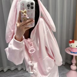 Women Kawaii Cute Bunny Ear Hooded Sweatshirt Oversized Big Zip Up Long Sleeve Sweet Y2K Streetwear Loose Casual Daily Outerwear