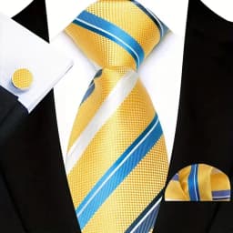 3Pcs Men's Yellow Color Stripes Plaid Solid Ties Pocket Square Cufflinks Wedding Prom Accessories 8cm Cravat Gift for Men
